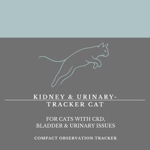 May include: A gray and light blue graphic card featuring a line-art illustration of a jumping cat. The text reads: KIDNEY & URINARY-TRACKER CAT, FOR CATS WITH CKD, BLADDER & URINARY ISSUES, COMPACT OBSERVATION TRACKER. The design is clean and minimalist.