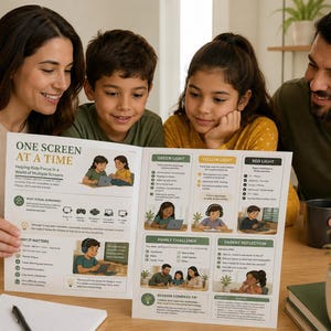 May include: A printed educational guide titled One Screen at a Time, featuring sections on screen time management, green, yellow, and red light guidelines, family challenges, and parent reflection prompts with illustrations of children using devices.