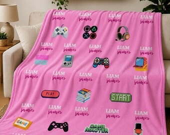 Personalized Gaming Blanket, Custom Name Video Game Fleece Throw, Cozy Gamer Room Decor