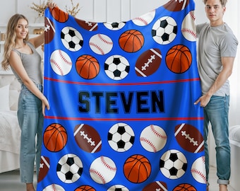 Personalized Sports Blanket, Custom Name Fleece Sherpa Throw, Basketball Football Baseball Gift