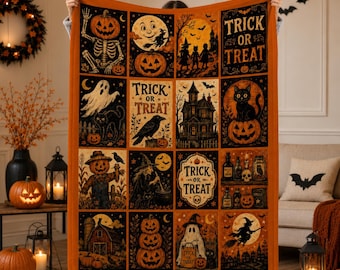 Halloween Throw Blanket, Spooky Autumn Blanket, Haunted House Ghost Pumpkin Quilt, Vintage Halloween Decor, Cozy Fall Couch Blanket