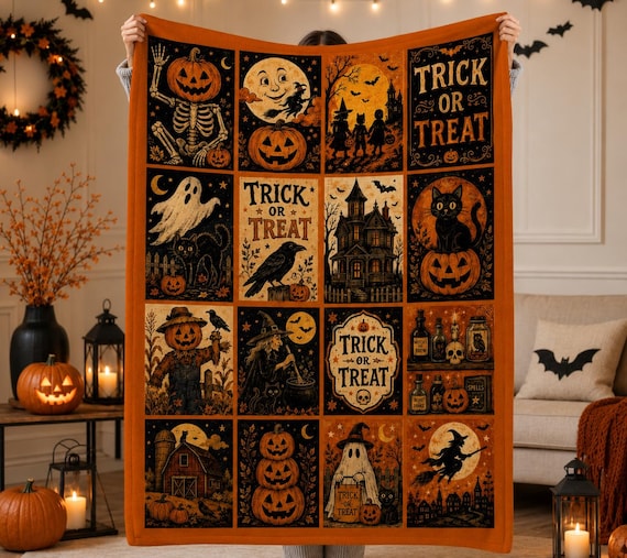Halloween Throw Blanket, Spooky Autumn Blanket, Haunted House Ghost Pumpkin Quilt, Vintage Halloween Decor, Cozy Fall Couch Blanket