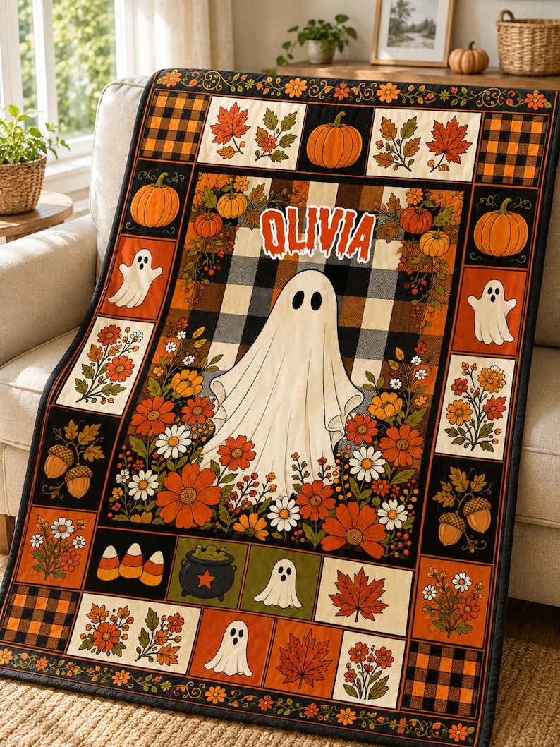 May include: A rectangular quilt featuring a central ghost graphic with the name OLIVIA printed above it. The design includes a black and white buffalo check pattern, orange pumpkins, autumn leaves, flowers, acorns, candy corn, and a black cauldron.