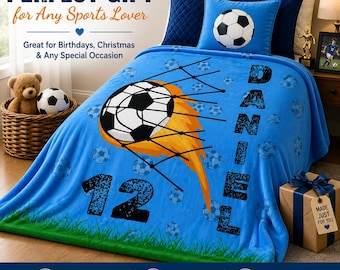 Personalized Soccer Blanket with Name, Number, Minky Sherpa Fleece, Sports Gift