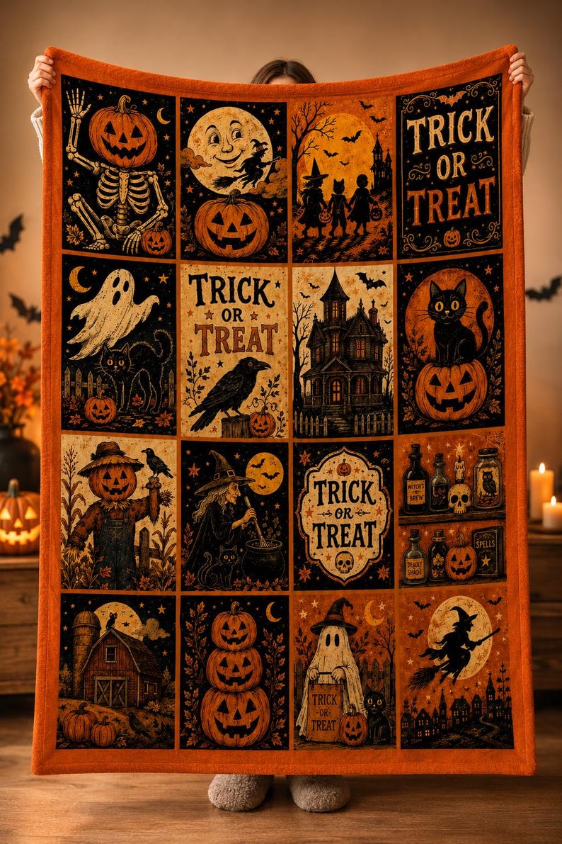 K&ouml;nnte beinhalten: Eine rechteckige Halloween-Decke mit orangefarbenem Rand, die ein Raster aus zw&ouml;lf Illustrationen zeigt, darunter Skelette, K&uuml;rbisse, Geister, schwarze Katzen, Hexen, ein Spukhaus und der Schriftzug Trick or Treat in verschiedenen Schriftarten.