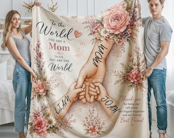 Personalized Mom Blanket with Kids Names, Custom Mother's Day Gift, Family Blanket for Mom, Gift from Daughter Son, Floral Mom Throw