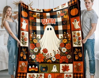 Personalized Halloween Ghost Blanket, Custom Name Halloween Blanket, Cute Ghost Throw Blanket, Spooky Fall Blanket, Halloween Gift for Kids