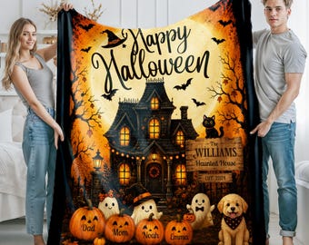 Personalized Halloween Family Blanket, Custom Family Name Blanket, Haunted House Decor, Pumpkin Blanket, Spooky Halloween Gift