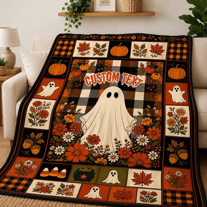 May include: A rectangular throw blanket featuring a central ghost illustration surrounded by autumn flowers, pumpkins, and acorns. The design includes a black and white buffalo plaid background, orange accents, and the text CUSTOM TEXT in a stylized font.