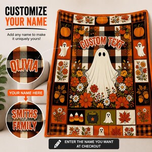 May include: A rectangular throw blanket featuring a central white ghost surrounded by orange and red flowers, pumpkins, and acorns on a black and white buffalo plaid background. The text CUSTOM TEXT is printed in orange, with circular insets showing examples of personalized names like OLIVIA and SMITHS FAMILY.