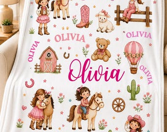 Personalized Cowgirl Blanket, Custom Name Minky Flannel Throw, Western Girl Blanket, Horse Lover Gift, Pink Cowgirl Nursery Decor