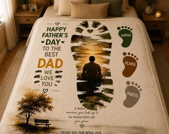 Personalized Dad Blanket with Kids Names, Custom Father’s Day Footprint Throw