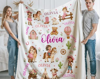 Custom Horse Girl Blanket Personalized Western Cowgirl Throw Blanket Pink Farm Animal Blanket Toddler Girl Birthday Gift