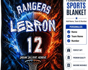 Personalized Basketball Blanket, Fire Ice Design, Custom Name Number (Throw Size)