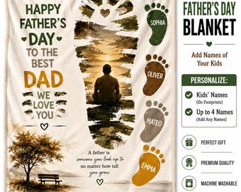 Personalized Father's Day Blanket with Kids Names, Custom Footprint Keepsake