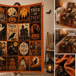 K&ouml;nnte beinhalten: Eine rechteckige Wohndecke mit einem Raster aus Halloween-Motiven wie K&uuml;rbissen, Skeletten, Geistern, Hexen, schwarzen Katzen und Spukh&auml;usern, versehen mit dem Schriftzug Trick or Treat und einem einfarbigen orangefarbenen Rand.
