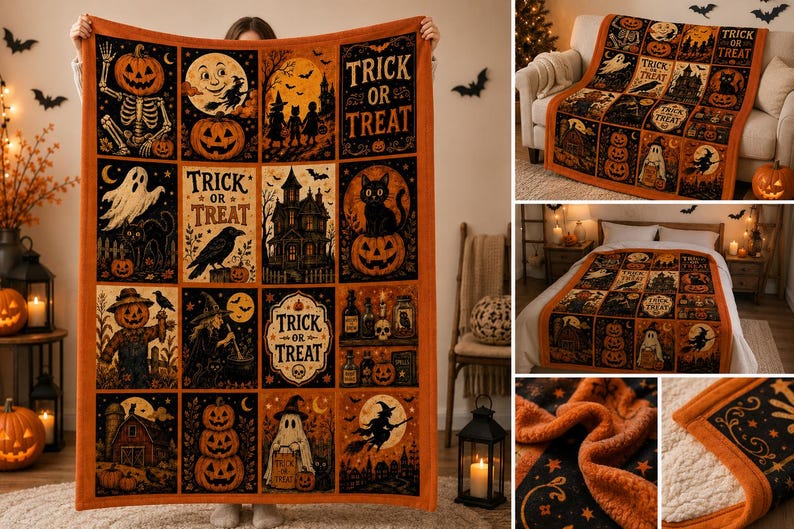 K&ouml;nnte beinhalten: Eine rechteckige Wohndecke mit einem Raster aus Halloween-Motiven wie K&uuml;rbissen, Skeletten, Geistern, Hexen, schwarzen Katzen und Spukh&auml;usern, versehen mit dem Schriftzug Trick or Treat und einem einfarbigen orangefarbenen Rand.