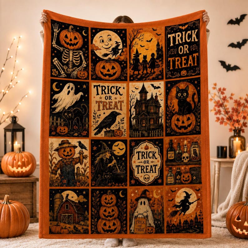 K&ouml;nnte beinhalten: Eine rechteckige Decke mit orangefarbenem Rand, die ein Raster aus sechzehn Halloween-Motiven zeigt, darunter Skelette, K&uuml;rbisse, Geister, schwarze Katzen, Hexen, Spukh&auml;user und der Schriftzug Trick or Treat in verschiedenen Schriftarten.