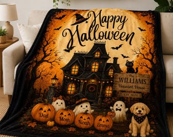 Custom Haunted House Halloween Blanket, Personalized Family Halloween Decor, Pumpkin Name Blanket, Spooky Home Gift, Fall Throw Blanket
