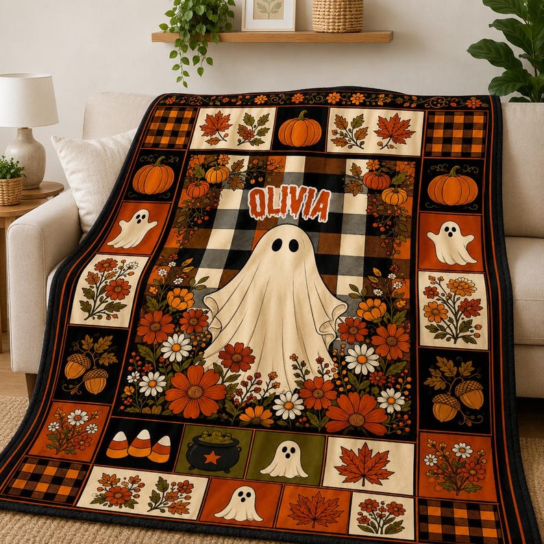 May include: A rectangular throw blanket featuring a central white ghost and the name OLIVIA in orange letters. The design includes a black and white buffalo plaid background, orange pumpkins, autumn leaves, flowers, acorns, and candy corn motifs.