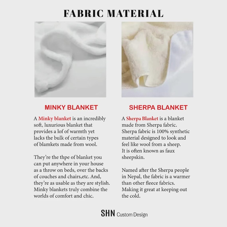 May include: A comparison chart titled FABRIC MATERIAL showing a white Minky blanket with a smooth, soft texture and a cream-colored Sherpa blanket with a fuzzy, fleece-like texture. Text descriptions explain the characteristics of each blanket type.