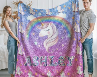 Personalized Unicorn Blanket, Custom Name Baby Girl, Purple Toddler Throw, Minky Sherpa