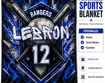 Baseball Blanket Personalized with Name Number, Custom Baseball Gift for Boys, Player Blanket, Team Gift Kids Teen