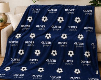 Personalized Soccer Blanket, Custom Name Sports Throw, Minky Sherpa Fleece, Kids Gift