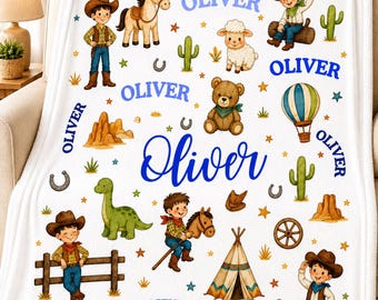 Personalized Cowboy Blanket, Custom Name Minky Flannel Throw, Western Boy Blanket, Horse Lover Gift, Ranch Nursery Decor