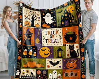 Personalized Halloween Blanket, Custom Halloween Blanket, Ghost Pumpkin Throw Blanket, Trick or Treat Blanket, Halloween Gift for Kids