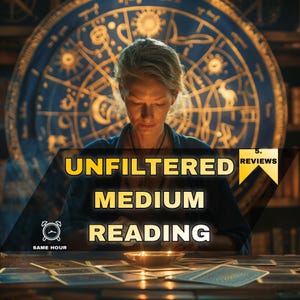 May include: A woman is seated at a table with tarot cards and a lit candle. The image has text that reads "UNFILTERED MEDIUM READING" and "SAME HOUR". A large astrological chart is in the background.