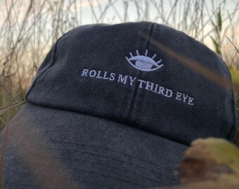 Dad Cap Schwarz „Rolls My Third Eye", Spirituelles Statement Cap, Drittes Auge Stickerei, Vintage Cap Damen Herren, Nachhaltig