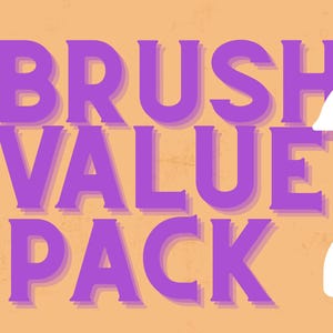 May include: A digital art brush value pack, labeled "Brush Value Pack 2", with the Procreate app icon. The image includes the text "$20 Worth" and "20+ Brushes" in an orange and black color scheme, set against a peach background.