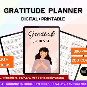 Könnte beinhalten: Ein digitaler und druckbarer Dankbarkeitsplaner mit einem Journal-Cover, das eine Person mit den Händen auf der Brust zeigt. Das Set enthält 390 Seiten, 200 Cover und 1800+ Sticker, kompatibel mit Goodnotes, Xodo und weiteren Apps.