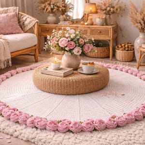 May include: A cozy living room scene featuring a round white rug with a pink rose border. A woven ottoman holds a candle, book, and teacup. A sofa with pink pillows and floral arrangements complete the inviting decor.