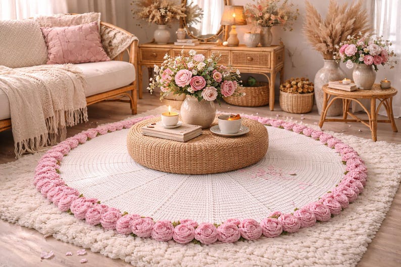 May include: A cozy living room scene featuring a round white rug with a pink rose border. A woven ottoman holds a candle, book, and teacup. A sofa with pink pillows and floral arrangements complete the inviting decor.