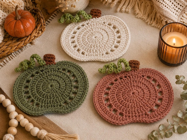 May include: Three crocheted pumpkin-shaped coasters in cream, green, and dusty rose. Each coaster features a spiral design and is topped with a brown stem and green vine. A small orange pumpkin and a lit candle are also visible.