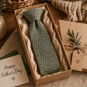 May include: A green knitted tie presented in a brown gift box with tissue paper. A matching gift box is tied with twine and a tag. A card with the words "Happy Father's Day" is also included.