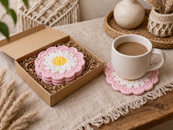 Crochet Daisy Coaster Pattern, Flower Coaster Set PDF, Cute Floral Table Decor DIY, Beginner Friendly Crochet Pattern