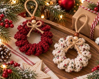 Pode incluir: Dois ornamentos circulares de crochê, um vermelho escuro e outro creme com pequenas manchas vermelhas e verdes. Cada um possui um suporte de corda de juta, uma pequena conta de madeira e um laço de juta no topo. Decorações feitas de fio grosso.
