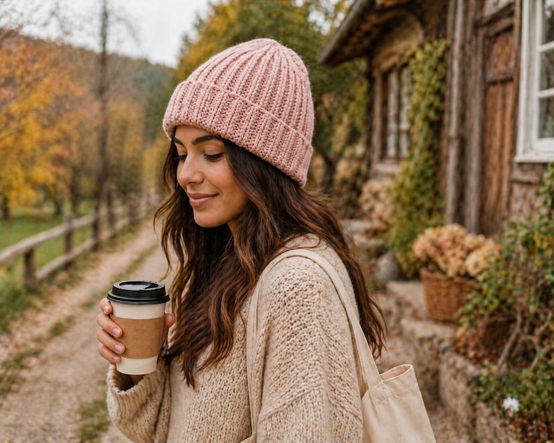 May include: A woman wearing a light pink knit beanie and a beige sweater, holding a coffee cup with a black lid. The background features a rustic building and autumn foliage, creating a cozy, seasonal aesthetic.