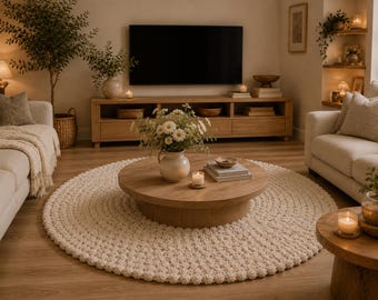 May include: A cozy living room scene featuring a large, round, cream-colored rug. A wooden coffee table sits in the center, with a vase of flowers and a candle. A wooden entertainment center and a sofa are also visible.