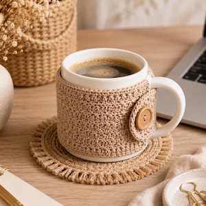 Peut inclure: Une tasse en céramique blanche dotée d'une housse amovible en crochet beige avec une fermeture à bouton en bois. La tasse repose sur un dessous de verre rond en tissage beige à franges, formant un ensemble pour les boissons chaudes.