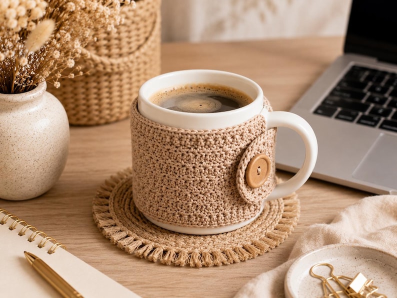 May include: A white ceramic mug featuring a removable beige crochet cozy with a single wooden button closure. The mug sits on a round, fringed beige woven coaster, creating a cohesive set for holding hot beverages in a workspace environment.