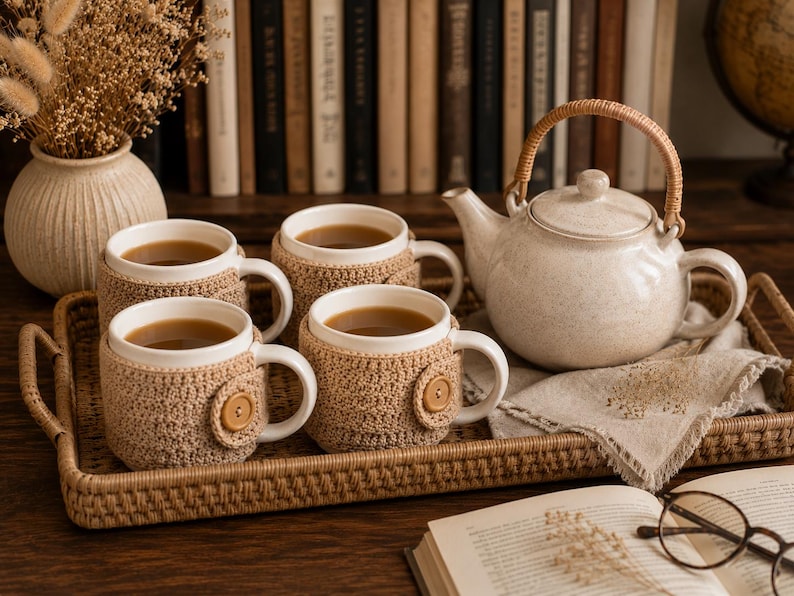 May include: A set of four white ceramic mugs, each encased in a beige crocheted cozy featuring a single wooden button, arranged on a rectangular woven rattan tray alongside a matching speckled ceramic teapot with a curved rattan handle.