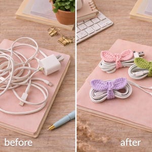 May include: Image comparison: Before, a tangled mess of white cords and a charger on a pink notebook. After, neatly organized cords secured with pink, green, and purple crocheted bow ties. A pen and other office supplies are in the background.