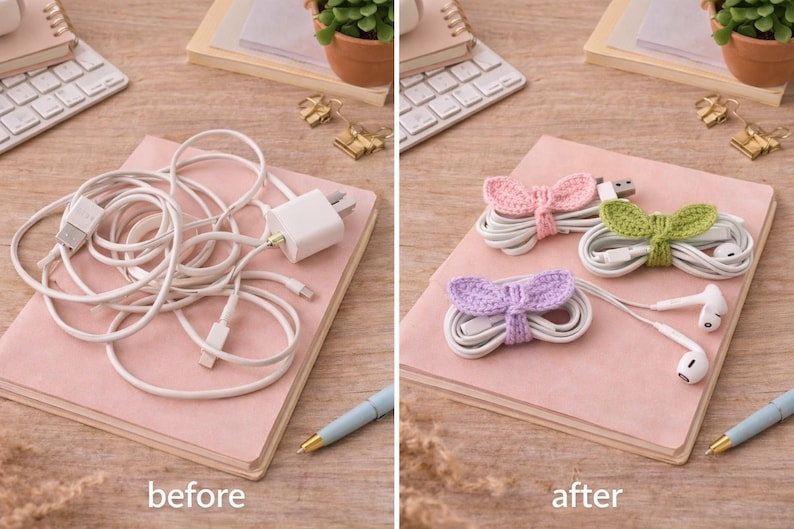 May include: Image comparison: Before, a tangled mess of white cords and a charger on a pink notebook. After, neatly organized cords secured with pink, green, and purple crocheted bow ties. A pen and other office supplies are in the background.