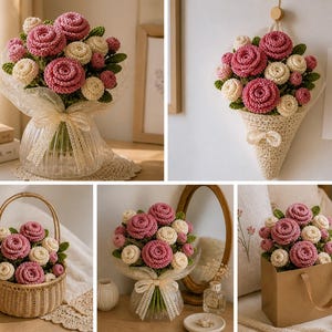 May include: A collection of handmade crochet flower arrangements. The bouquets feature pink and cream-colored roses with green leaves. The flowers are presented in a glass vase, a basket, a paper cone, a gift bag, and a wrapped bouquet.