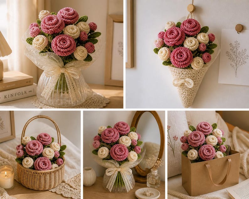 May include: A collection of handmade crochet flower arrangements. The bouquets feature pink and cream-colored roses with green leaves. The flowers are presented in a glass vase, a basket, a paper cone, a gift bag, and a wrapped bouquet.