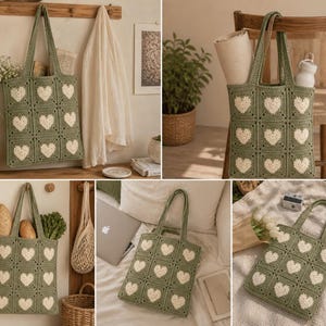 May include: A sage green crochet tote bag featuring a repeating pattern of cream-colored hearts. The bag has long handles and is shown filled with various items, including flowers, groceries, and a yoga mat. The bag is approximately 15 inches wide and 16 inches tall.